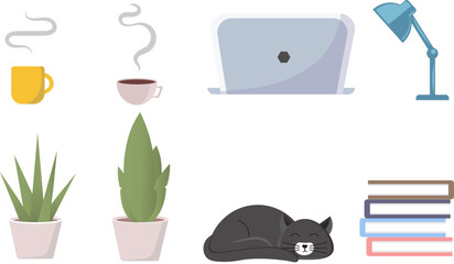Desktop items vector illustrations set. Laptop, lamp, notepad and cup of coffee, tee, cat. Workspace decor design elements