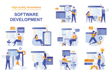 Software development web concept with people scenes set in flat style. Bundle of backend development, programming, working with abstract code and scripts. Vector illustration with character design