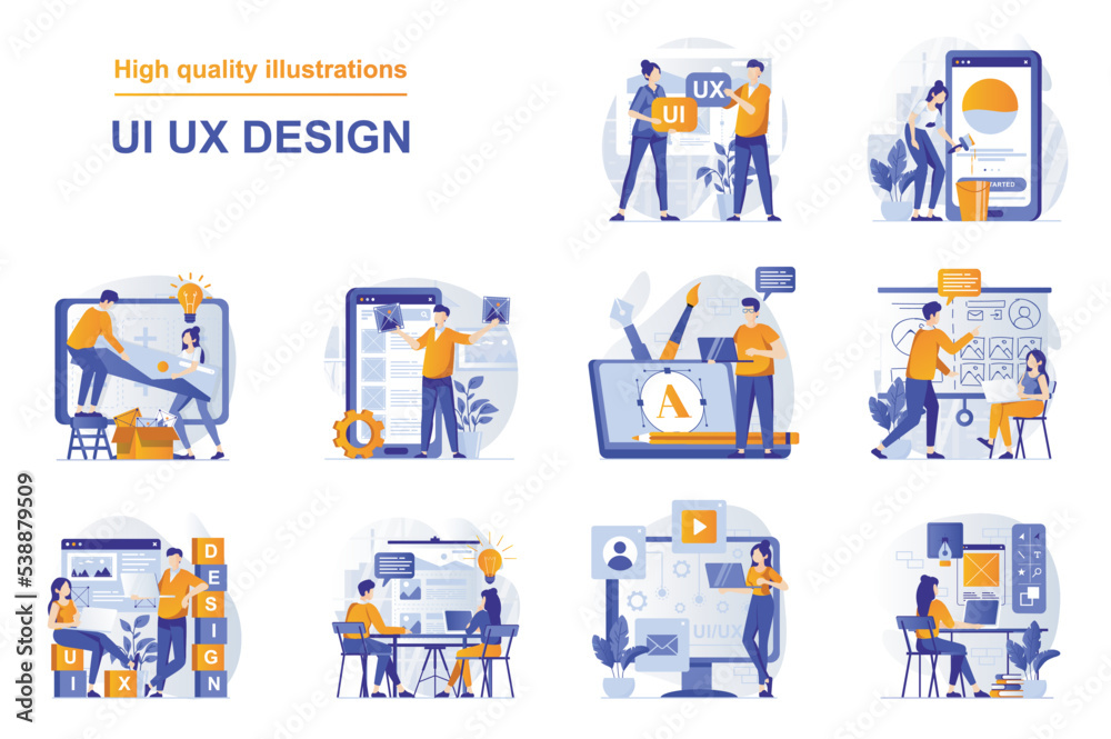 Aufkleber UI UX design web concept with people scenes set in flat style. Bundle of designers doing research and prototyping, creates usability layout for mobile apps. Vector illustration with character design