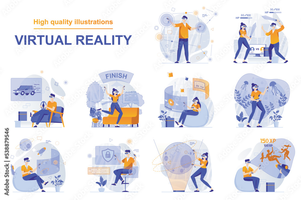 Leinwandbilder virtual reality web concept with people scenes set in flat style. bundle of users in vr headsets pla