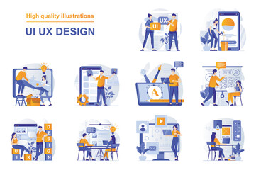 UI UX design web concept with people scenes set in flat style. Bundle of designers doing research and prototyping, creates usability layout for mobile apps. Vector illustration with character design