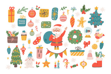 Obraz na płótnie Canvas Big Christmas set of decorative elements and characters for design. Santa Claus, Christmas tree toys, gifts, sweets. Vector flat illustration on white background in hand drawn style