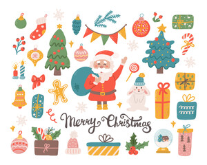 Christmas set of decorative elements and characters for design. Santa Claus, rabbit, Christmas toys and gifts. Vector flat illustration on white background in hand drawn style