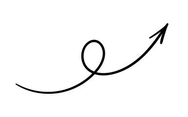 Obraz premium Hand painted arrow. Curved line, sketch and pencil drawing. Sticker for social media and messengers. Calligraphy, creativity and art. Symbol points up. Icon and badge. Cartoon flat vector illustration