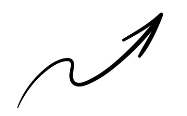 Hand painted arrow. Icon points upwards to right, curved line. Reaction for messengers. Graphic element for printing on fabric. UI and UX design and interface. Cartoon flat vector illustration