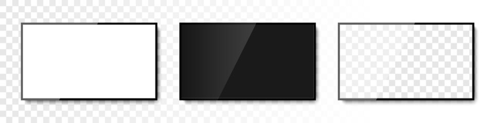 Realistic TV Screen. White, black and transparent Screen in LCD. lcd panel, led type, Screen with shadow. Vector illustration