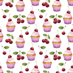 Seamless pattern with watercolor cherry and cupcake isolated on white background.