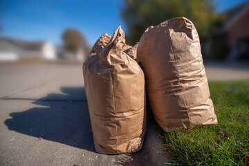 Tan kraft paper lawn and leaf composting bags sit along street curb waiting to be picked up by...