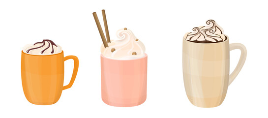 Set of mugs with pumpkin latte and whipped cream. Autumn postcard design.