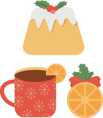 Christmas baking, Set of hot tea, dry orange and pastry. Vector illustration. Cozy things for New Year or Christmas