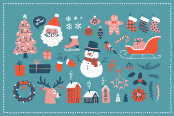 Christmas set of hand drawn illustrations and design elements in vector. Winter holidays banner with Christmas tree, snowman, Santa, deer, etc.