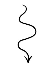 Hand painted arrow. Curved line, graphic element for website. Navigation, interface for programs and applications, UI and UX design. Downward movement concept. Cartoon flat vector illustration