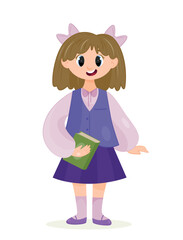 Happy schoolgirl with book. Girl in blue jacket and skirt. 1 September. day of knowledge and autumn holiday. Education and training. Aesthetics and elegance, beauty. Cartoon flat vector illustration