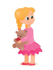 Obraz na płótnie Canvas Happy girl with teddy. Schoolgirl in pink dress hugs her favorite toy. Poster or banner for website. Love and care. Aesthetics, elegance. Fashion, style and trend. Cartoon flat vector illustration