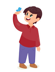 Happy boy with butterfly. Schoolboy in red sweater and blue pants with blue insect on his arm. Aesthetics and elegance. Love for nature. Poster or banner for website. Cartoon flat vector illustration