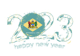 2023 Year in grunge style with flag of Delaware.
