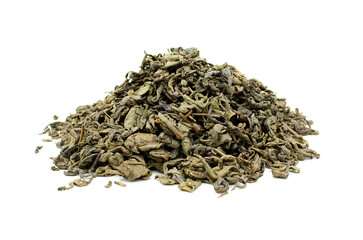 Dried chinese green tea top view on white background.
