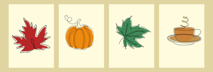 Autumn-themed set abstract illustrations. Continuous line art drawing. Can be used for print, wall art, postcard, and cover design.