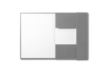 Blank grey empty open folder mockup isolated on white background with soft shadows. 3d rendering.