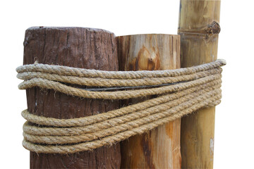 Rope with knot wrapped around a brown wooden post. isolated on white background.