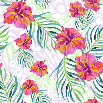 Hibiscus and palm leaves on an abstract pastel background. Tropical seamless watercolor pattern