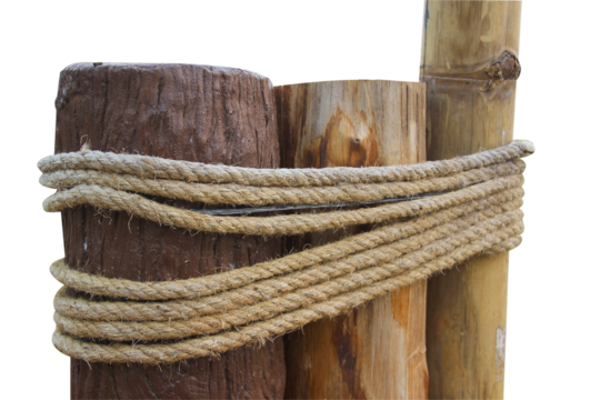 Rope with knot wrapped around a brown wooden post. isolated on white background.