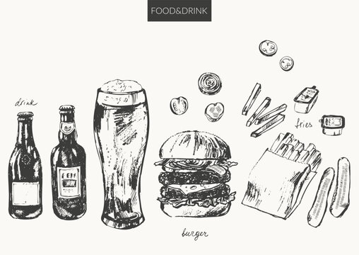 Beer bottles, beer glass, burger, fries.