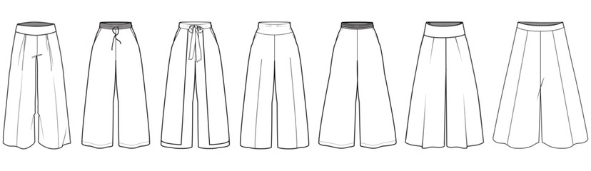 womens wide leg pants fashion flat sketch vector illustration - obrazy, fototapety, plakaty
