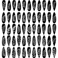 Silhouette earrings. Jewelry collection. Isolated teardrop-shaped pendants. Lots of black earrings with plants. For needlework and sublimation
