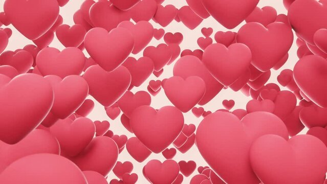 Beautiful 3d render flying hearts soft pink background, 4k valentines romantic happy looping animation