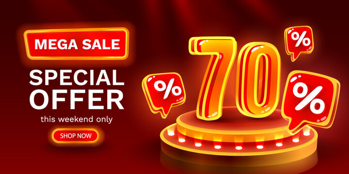 Mega sale special offer, Neon 70 off sale banner. Sign board promotion. Vector