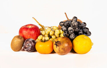 Variety of fruits isolated on white background. Healthy diet concept banner