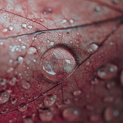 Fototapeta premium raindrops on the red maple leaf in rainy days in autumn season, red background