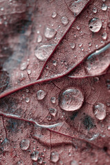 raindrops on the red maple leaf in rainy days in autumn season, red background