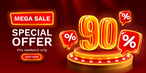 Mega sale special offer, Neon 90 off sale banner. Sign board promotion. Vector
