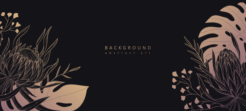 Botanical line bakground with flowers and leaves. Floral foliage for wedding invitation, wall art or card template. Vector illustration. Luxury rustic trendy art