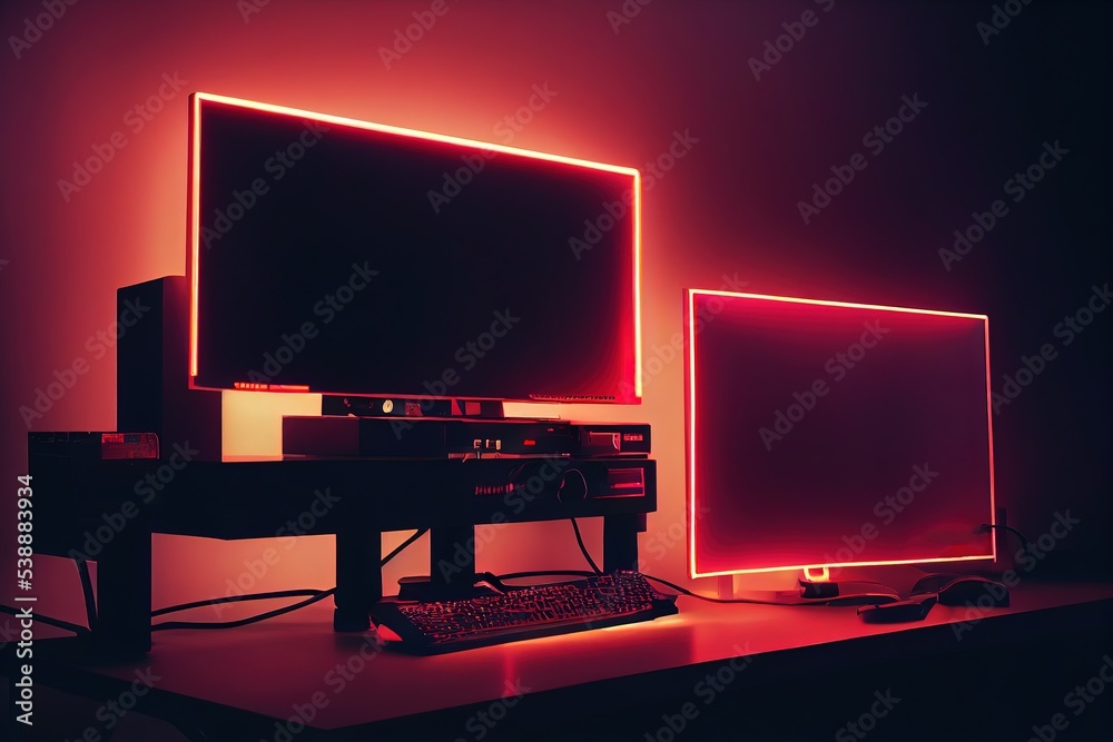 Leinwandbilder Blogger workplace. Empty space with podcast equipment to record talking show at home. Futuristic modern workplace of internet blogger, streamer or computer gamer. 3d rendering