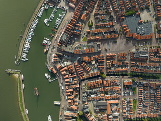 Volendam, Netherlands. Top down overview of traditional dutch fishing village city traditional...