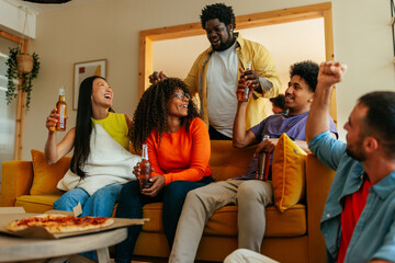 Friends bonding in living room.