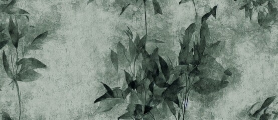 Plant On A Wall Mural Illustration, Magnificent Leaves Minimal Abstract Texture Wallpaper Background. Graphic.