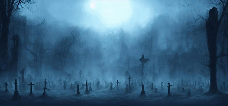 Abandoned Spooky Cemetery With Old Celtic Cross Gravestone At Dark Misty Night. Halloween Horror. Concept Art, Digital Illustration