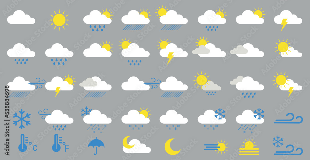 Wall mural huge pack of weather icons. weather forecast design elements for mobile apps and widgets.