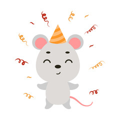 Cute little mouse in birthday hat on white background. Cartoon animal character for kids t-shirt, nursery decoration, baby shower, greeting card, house interior. Vector stock illustration