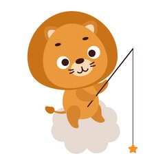Cute little lion fishing star on cloud. Cartoon animal character for kids t-shirt, nursery decoration, baby shower, greeting cards, invitations, house interior. Vector stock illustration