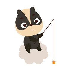 Cute little badger fishing star on cloud. Cartoon animal character for kids t-shirt, nursery decoration, baby shower, greeting cards, invitations, house interior. Vector stock illustration