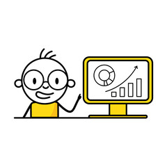 Man analyzes chart and graph data, working with data visualization on computer. Digital data analysis concept. Vector stock illustration