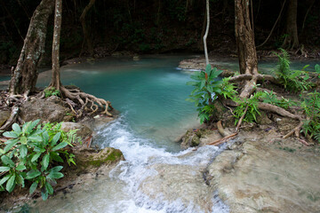 Erawan Waterfall in Kanchanaburi. Amazing turquoise water and wonderful jungle. Ideal place for a...