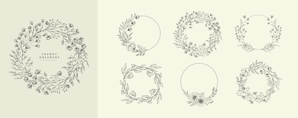 Set of floral compositions. Botanical arrangement of leaves branches and blooming flowers. Vector ornamental herbs in boutonniere and bouquet. Wedding design