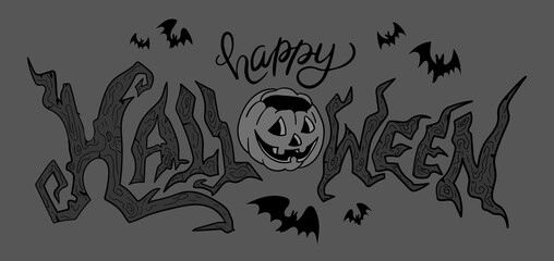 Obraz premium Happy Halloween calligraphy. Vector hand drawn illustration in retro cartoon style