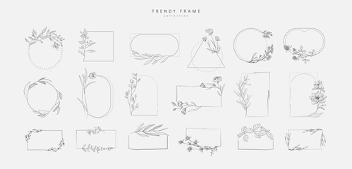 Set of floral desogn elements. Wreath borders branch and minimalist flowers. Hand drawn line wedding herb, elegant leaves for invitation save the date card. Botanical rustic trendy